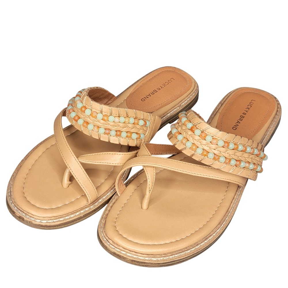 Lucky Brand Kekay Tan Beaded Braided Boho Slide Sandals Womens 10 M LP-KEKAY‎